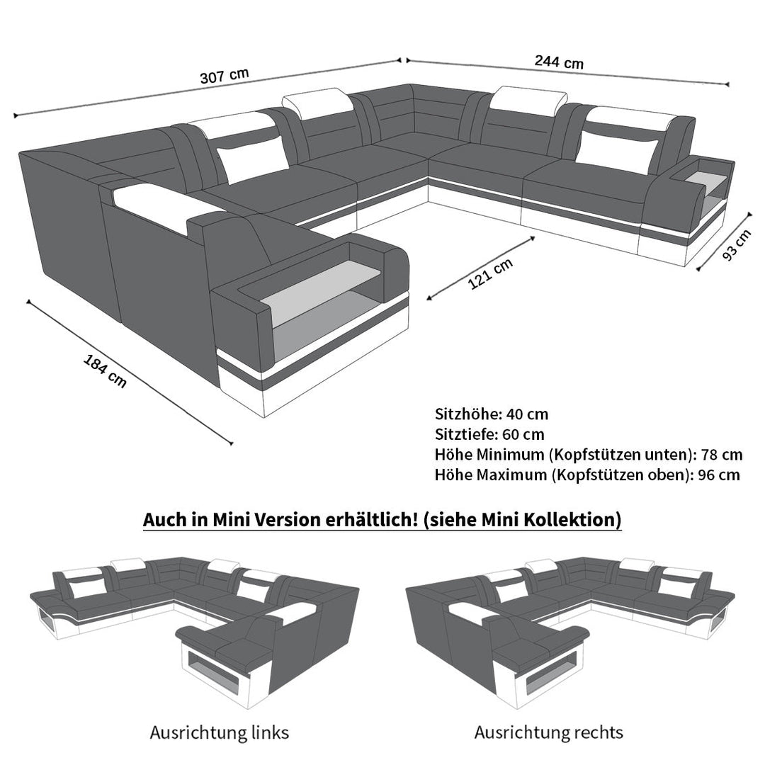 MaÃŸe beim U Form Ledersofa Trivento Mini mit Beleuchtung