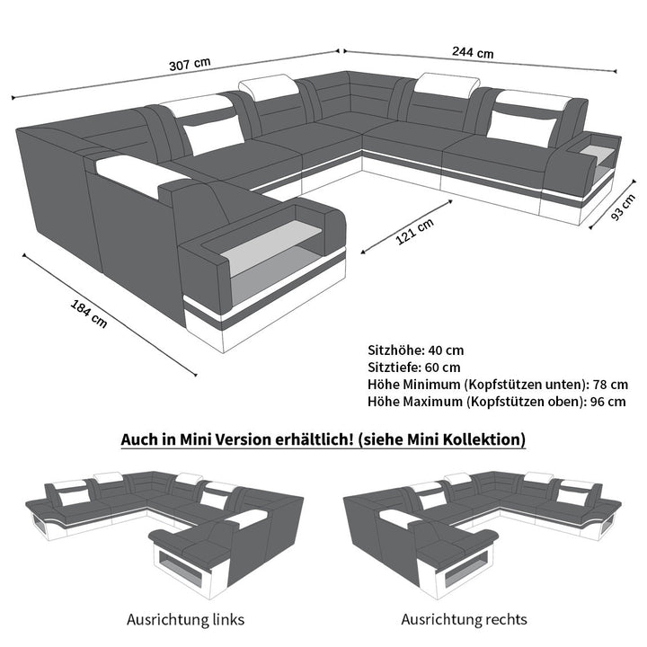 MaÃŸe beim U Form Ledersofa Trivento Mini mit Beleuchtung