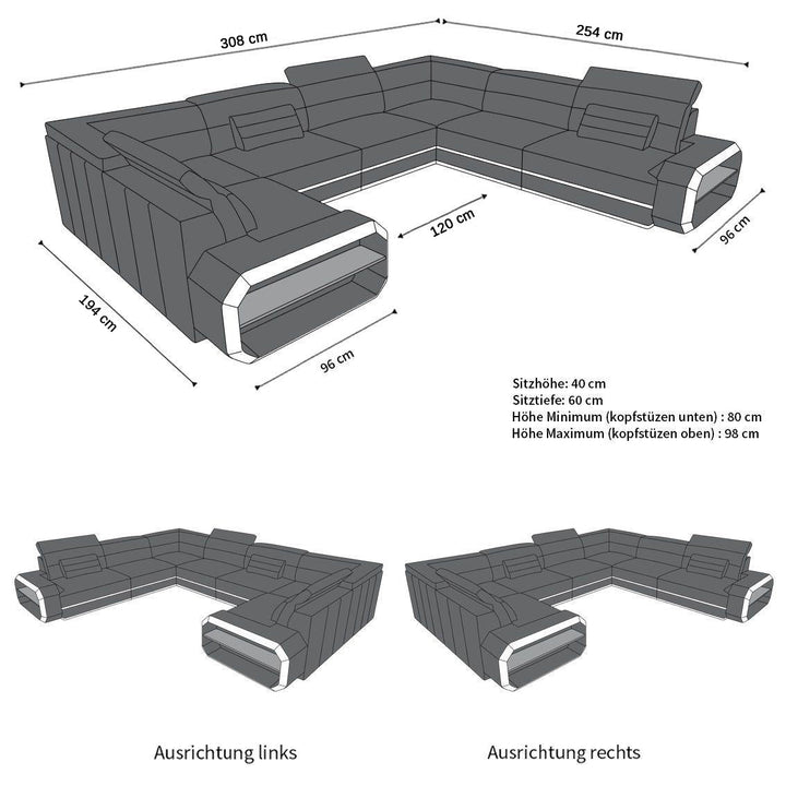Die MaÃŸe von unserem Ledersofa Verona in der Mini U Form mit LED