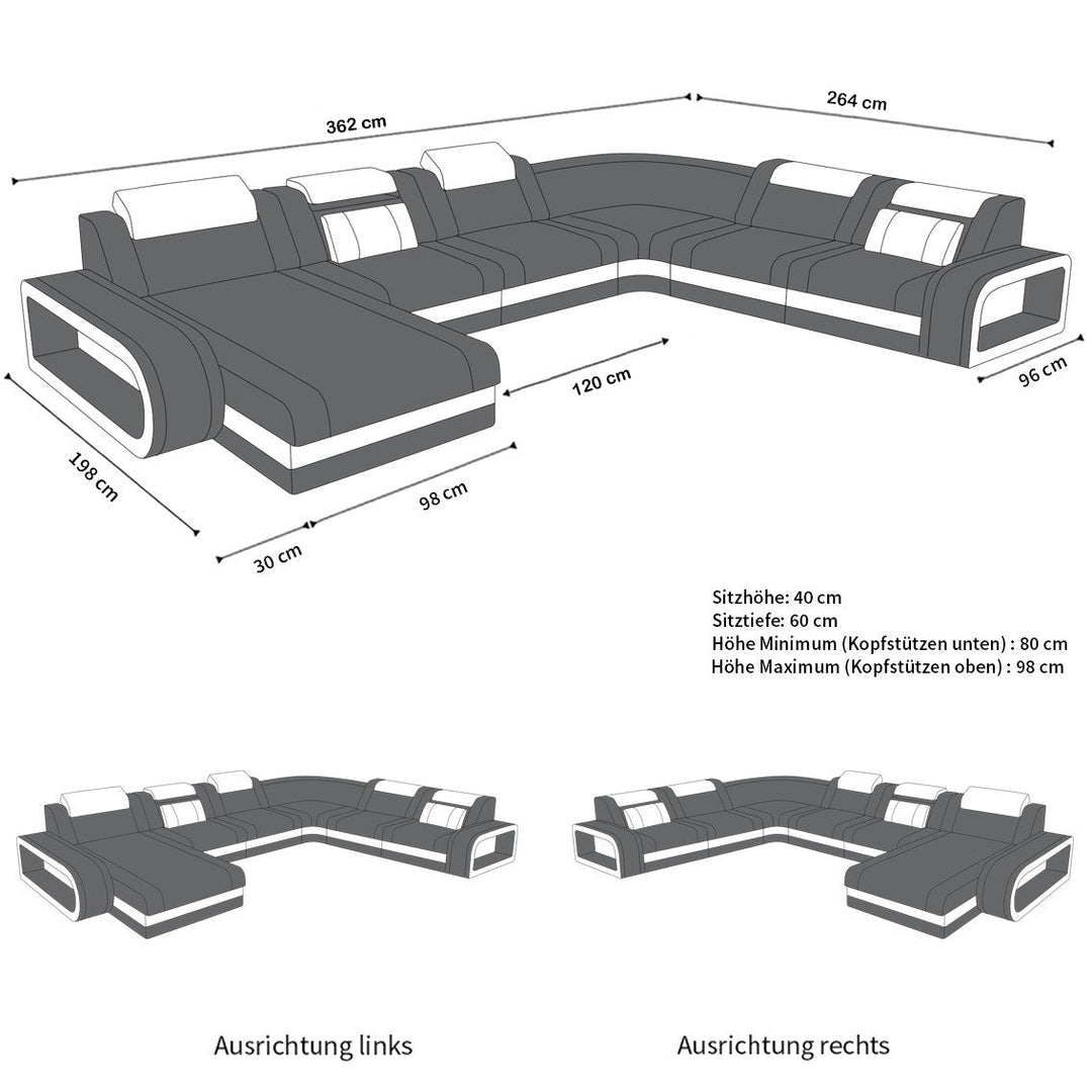 MaÃŸe bzw. Abmessungen vom XXL U Form Sofa Berlin Stoff Mini
