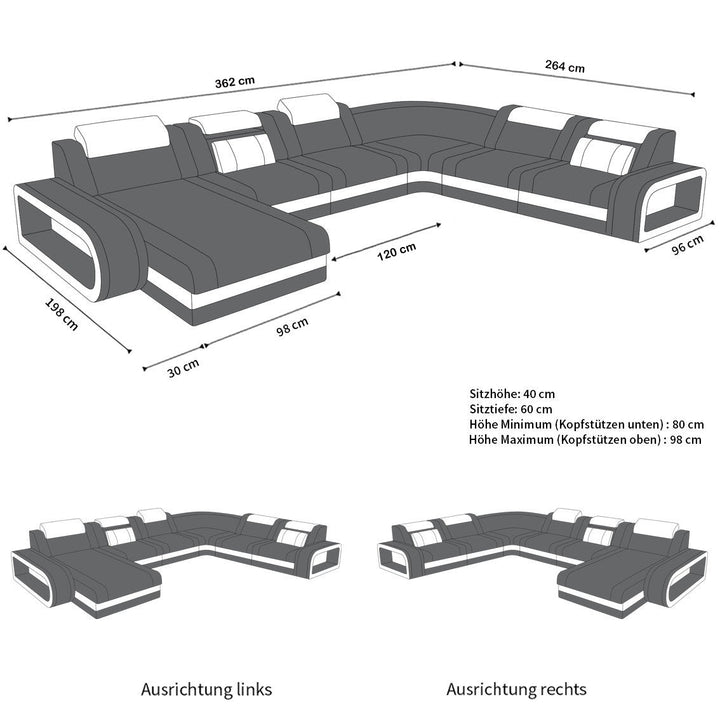 MaÃŸe bzw. Abmessungen vom XXL U Form Sofa Berlin Stoff Mini