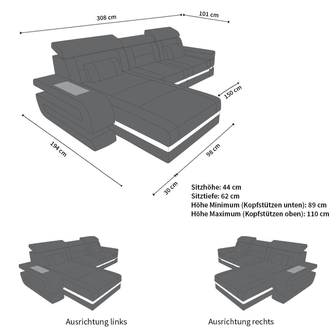Abmessungen Sofa Bologna L Form