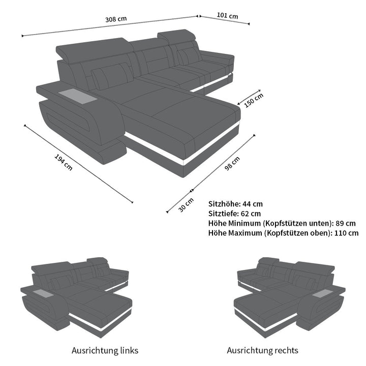 Abmessungen Sofa Bologna L Form