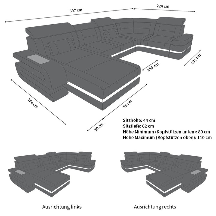 Abmessungen Wohnlandschaft Bologna U Form