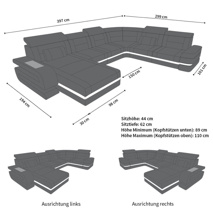 Abmessungen Wohnlandschaft Bologna XXL