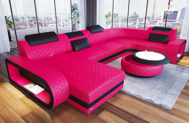 Ledersofa U Form Chesterfield Ottomane Berlin LED - Leder pink - schwarz
