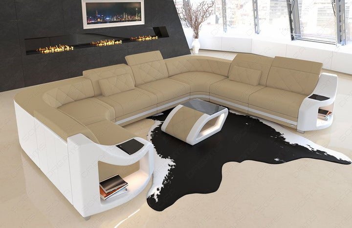 U Form Sofa Genua Mini mit LED in einem Stoffbezug in beige - Mineva4