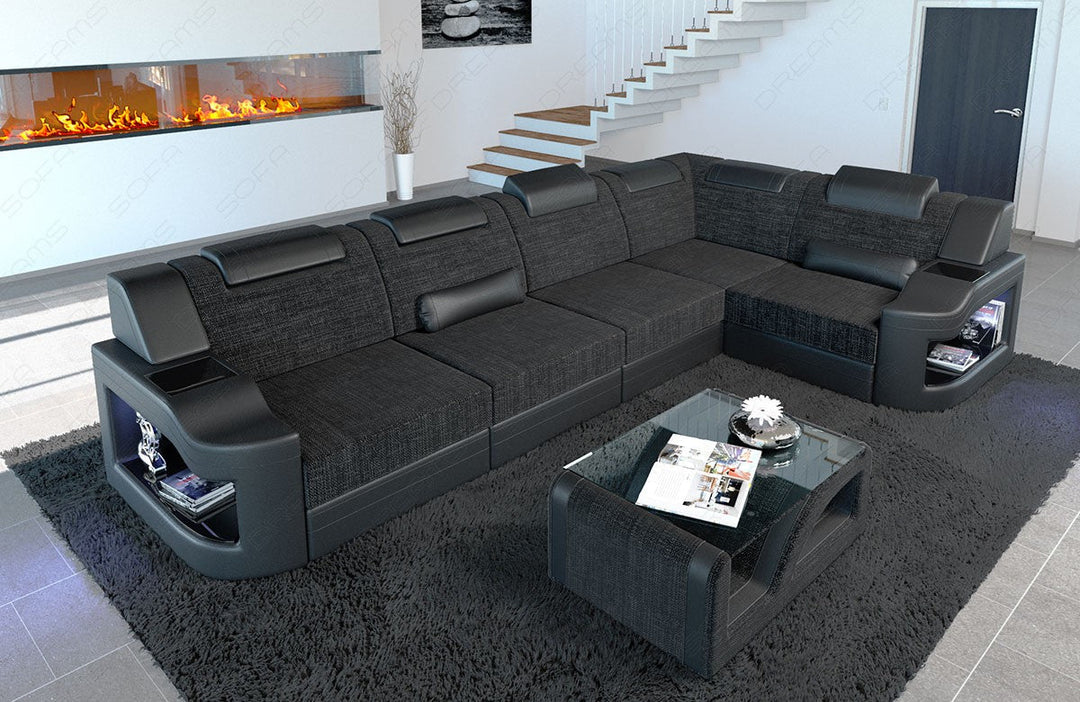 Stoffsofa Padua L mit LED Beleuchtung in Strukturstoff Hugo12 - schwarzgrau