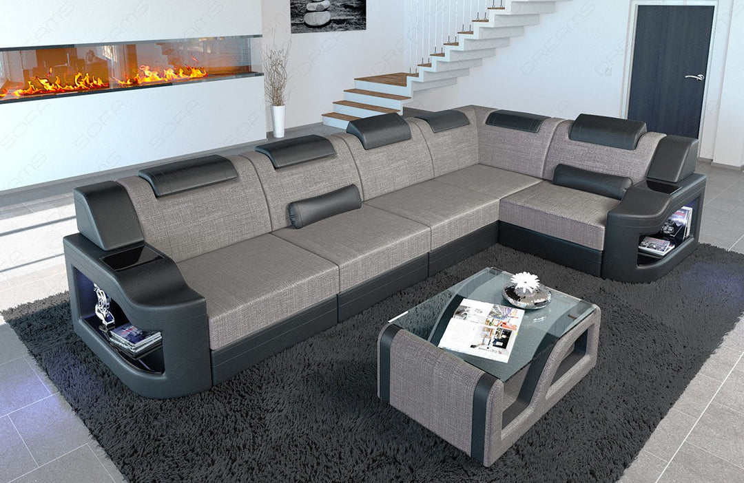 Stoff Sofa Padua L mit LED Beleuchtung in Strukturstoff Hugo2 - macchiato