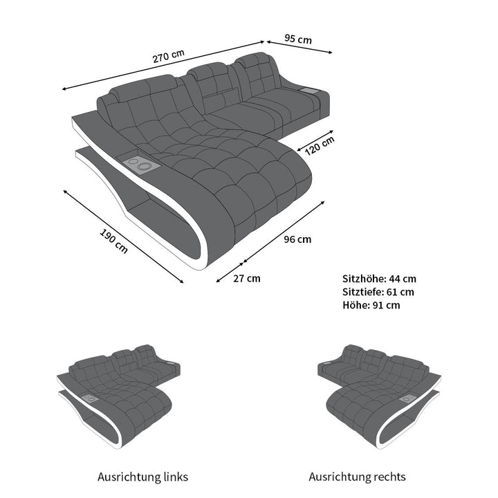 Die MaÃŸe vom L Form Mini Sofa Elegante als Stoffsofa mit LED Licht und USB