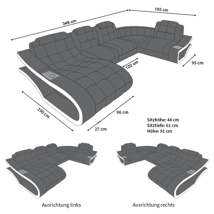 Die MaÃŸe vom Mini U Form Stoffsofa Elegante - Sofa mit LED und USB -