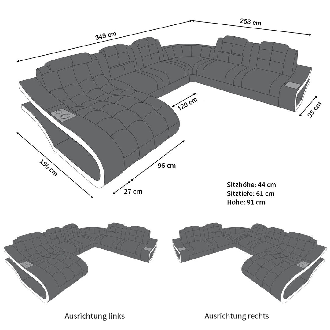 Abmessungen vom XXL Sofa Elegante Mini U Form Stoffsofa