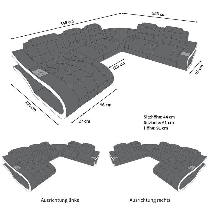 Abmessungen vom XXL Sofa Elegante Mini U Form Stoffsofa