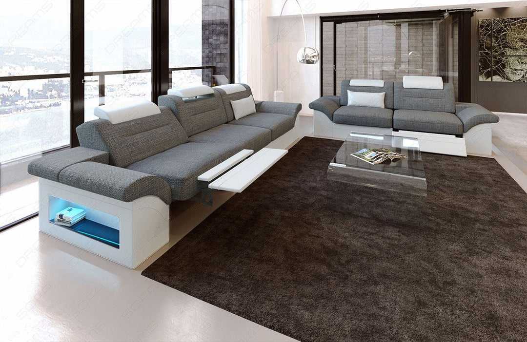 Stoff Couchgarnitur Monza in grau - Hugo5 - Die LED Beleuchtung, USB Anschluss und Relaxfunktion sind optional erhÃ¤ltlich.