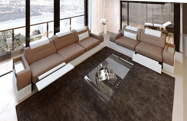 Sitzgruppe Dreisitzer und Zweisitzer Parma in taupe - Mineva21- Die LED Beleuchtung, USB Anschluss und Relaxfunktion sind optional erhÃ¤ltlich.