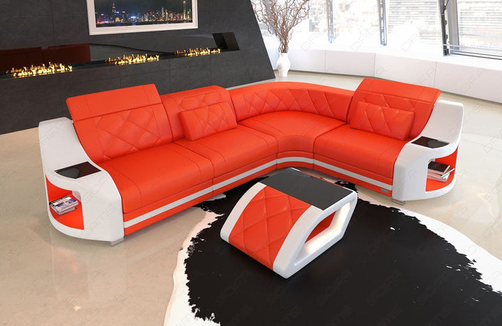 Mini Ledersofa Genua in der L Form in orange - weiss