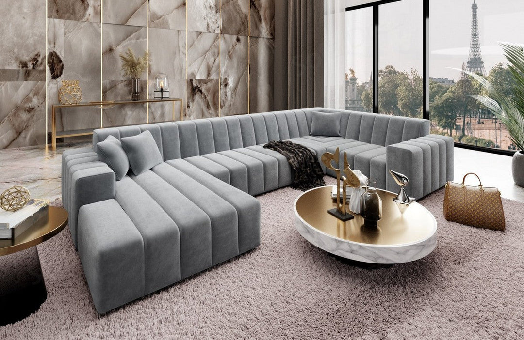Polster Sofa Wohnlandschaft Gran Canaria U Form in Samtstoff - Hellgrau