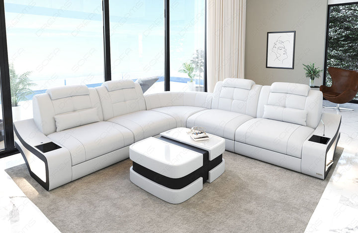 Luxus Leder Ecksofa Elena L Form lang in weiss-schwarz
