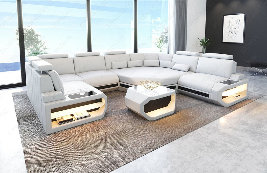 Leder Wohnlandschaft Asti U Form Mini in weiÃŸ-schwarz. Couchtisch und USB AnschlÃ¼sse sind optional erhÃ¤ltlich.