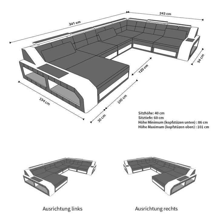Die MaÃŸe vom XXL Stoffsofa Matera Mini U Form Sofa mit Licht