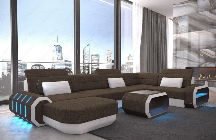 XXL U Form Stoffsofa Roma Mini mit LED in braun - Hugo8