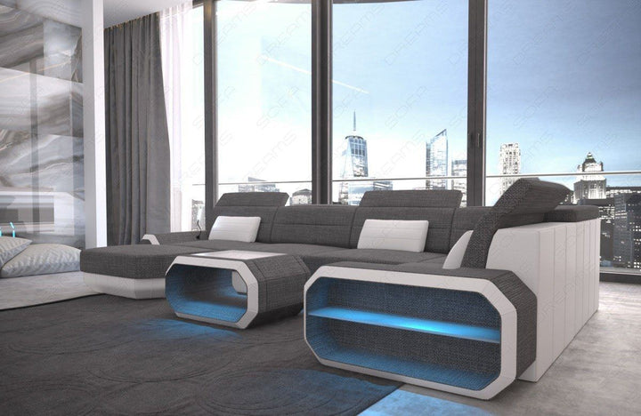 XXL U Form Stoffsofa Roma Mini mit LED in grau - Hugo5 - Detailansicht der kleinen Armlehne