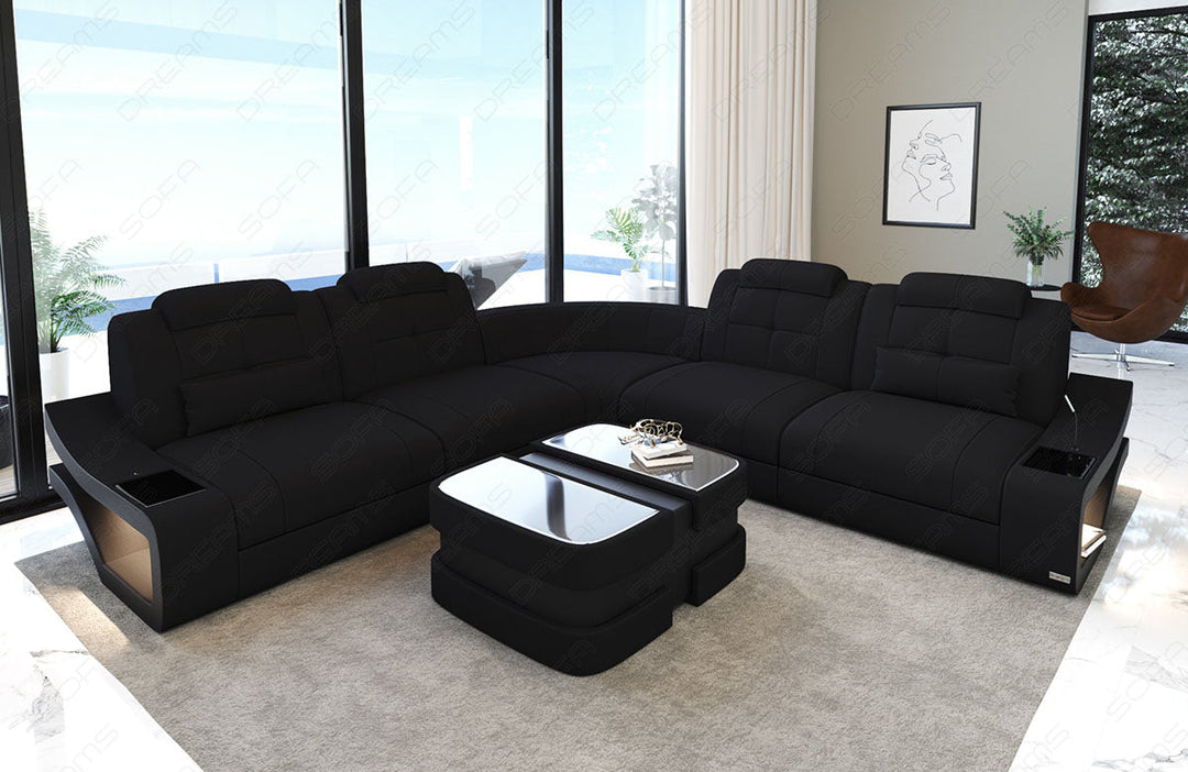 Sofa Elena Mini in der langen L Form mit Stoffbezug in schwarz - Mineva14 Mikrofaser Stoff