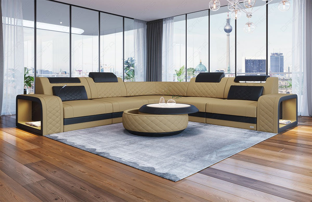 Sofa Foggia Mini L Form mit LED und Stoffbezug in beige - Mineva4 - Akzentfarbe schwarz