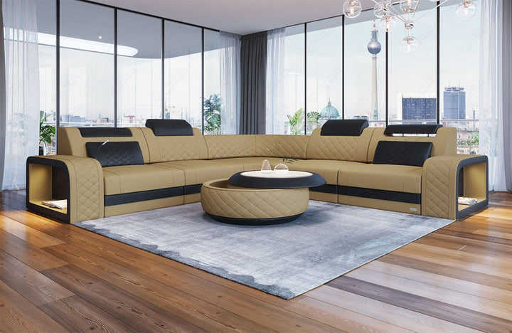 Sofa Foggia Mini L Form mit LED und Stoffbezug in beige - Mineva4 - Akzentfarbe schwarz