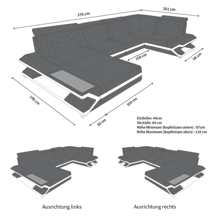 Abmessungen der Wohnlandschaft Napoli U Form