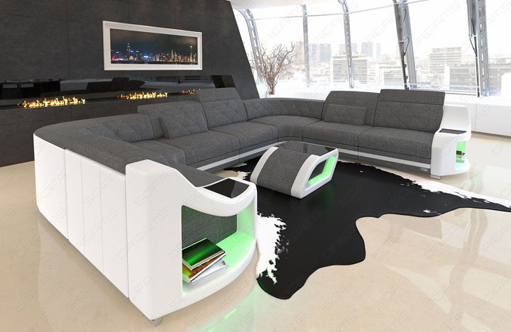 U Form Sofa Genua Mini mit LED in einem Stoffbezug in grau - Hugo5 Strukturstoff