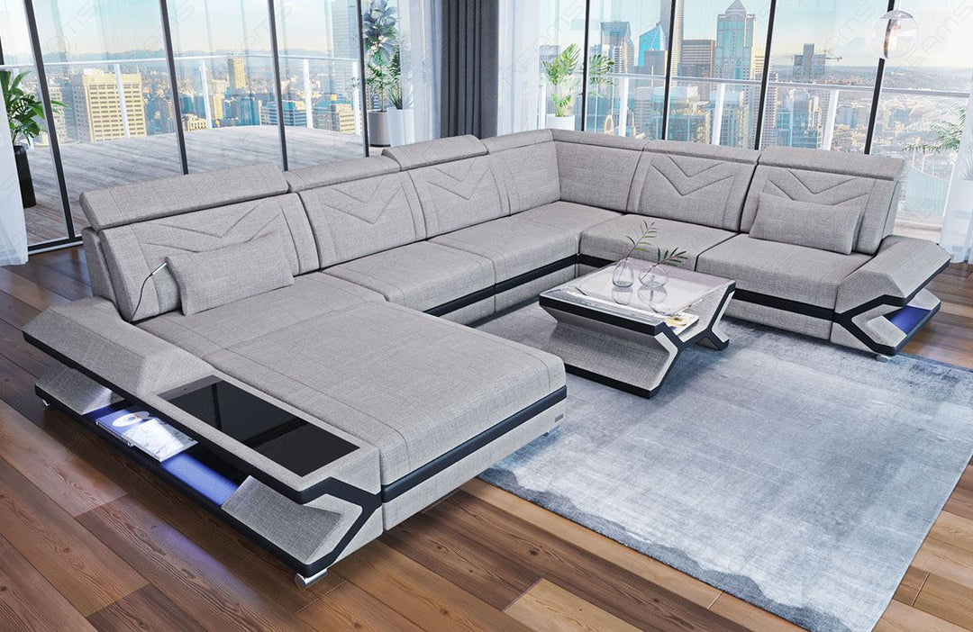 XXL Stoffsofa Napoli U Form Mini Sofa mit LED in macchiato - Hugo2 Strukturstoff