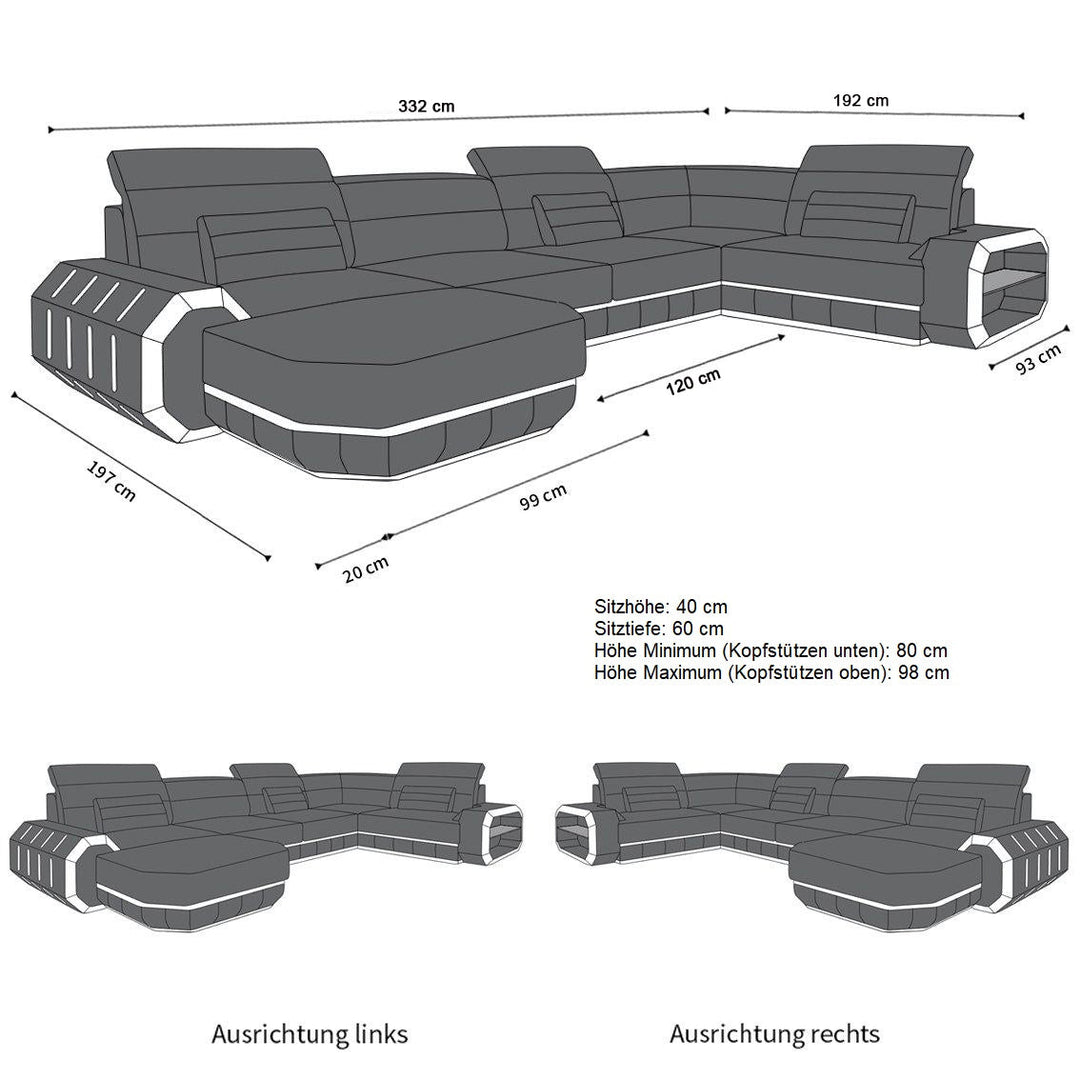 Die MaÃŸe vom Mini U Form Ledersofa Roma mit LED und auch USB
