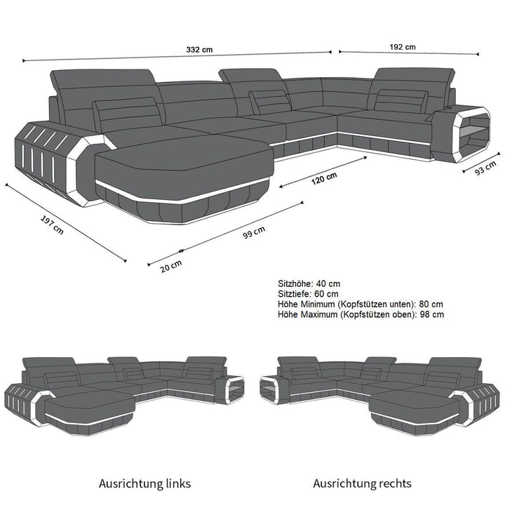 Die MaÃŸe vom Mini U Form Ledersofa Roma mit LED und auch USB