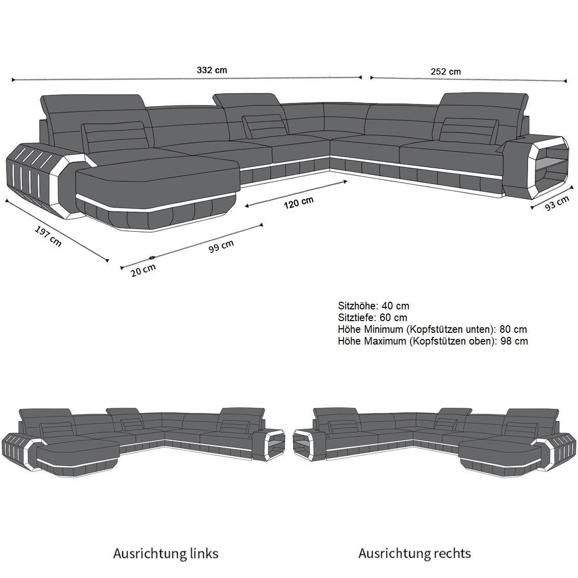 Xxl Fabric Sofa Rome U Shape Mini