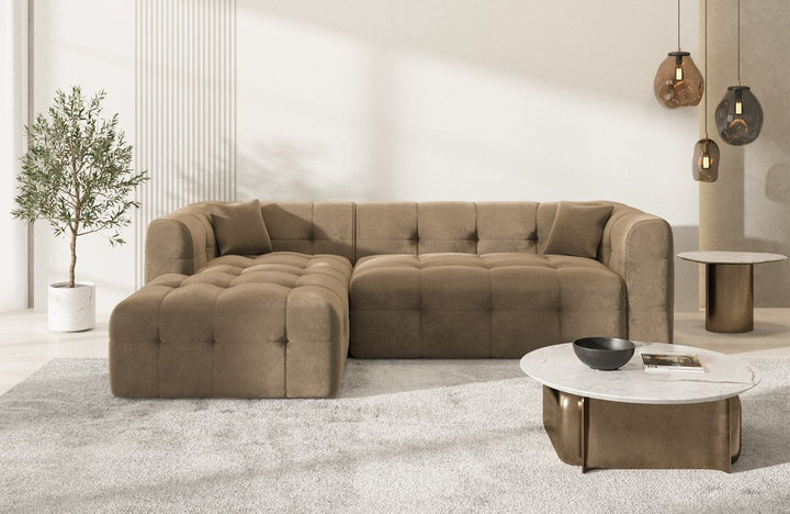 Modernes Polster Ecksofa Sevilla L Form kurz mit Samtstoff Bezug - Braun