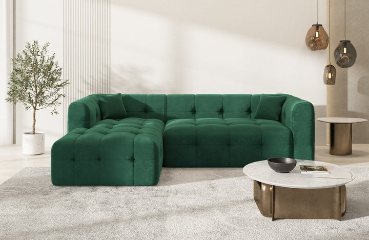 Modernes Polster Ecksofa Sevilla L Form kurz mit Samtstoff Bezug - Gr?¬n