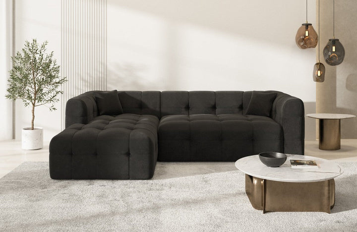 Modernes Polster Ecksofa Sevilla L Form kurz mit Samtstoff Bezug - Schwarz