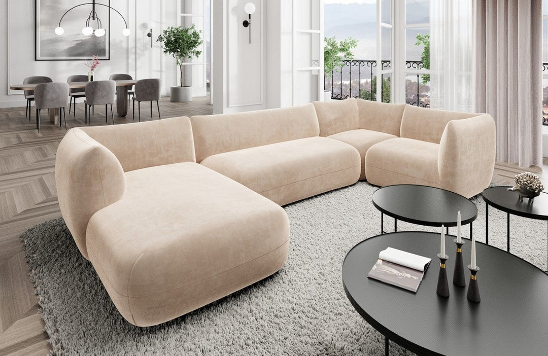 Design Stoff Wohnlandschaft Madrid U Form mit Samtstoff Bezug - Beige