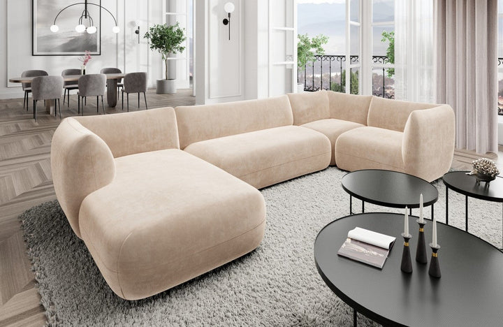 Design Stoff Wohnlandschaft Madrid U Form mit Samtstoff Bezug - Beige