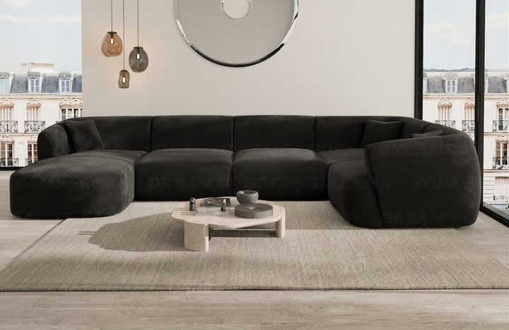 Design Polster Wohnlandschaft Tabarca U Form mit Samtstoff-Bezug in Schwarz
