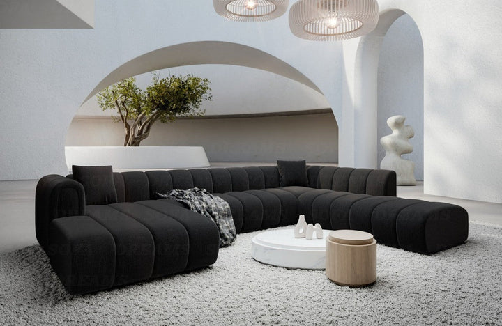 Design Stoff Wohnlandschaft Almagro U Form XXL mit Strukturstoff Bezug - Schwarz