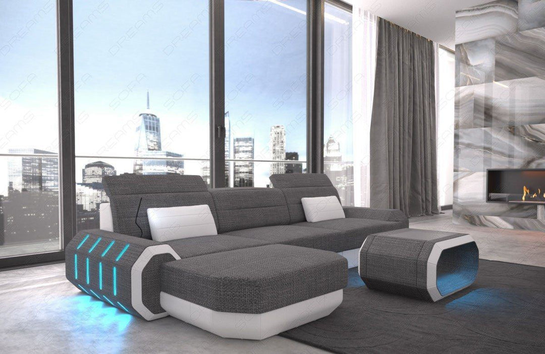 Stoffsofa Roma Mini L Form Sofa mit LED und USB Anschluss in grau - Hugo5 Strukturstoff
