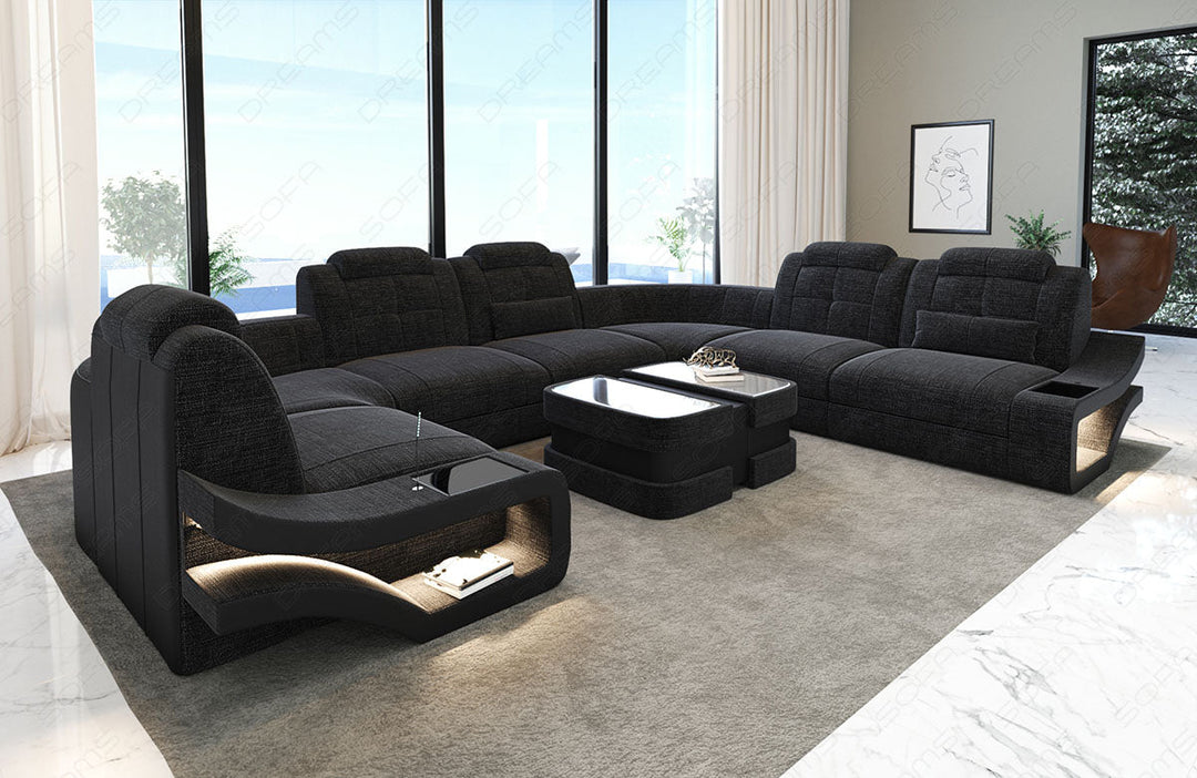 Design Wohnlandschaft Elena U Form in schwarz-grau - Hugo12 - Nebenfarbe schwarz - Bitte beachten: Die RÃ¼ckwand ist in den Farben der Hauptfarbe!