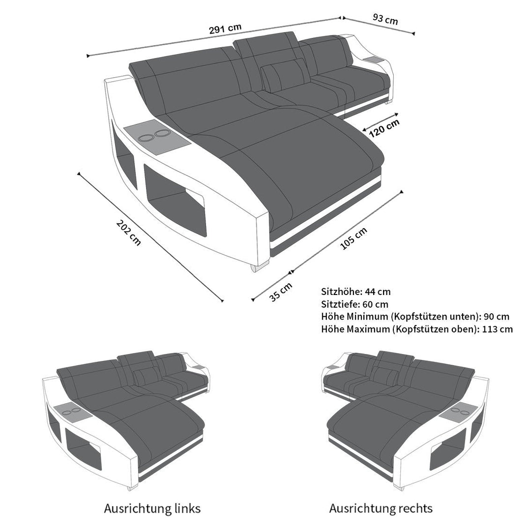 MaÃŸe vom Mini Stoffsofa Swing als L Form Sofa mit USB Anschluss und LED