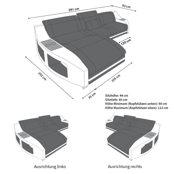 MaÃŸe vom Mini Stoffsofa Swing als L Form Sofa mit USB Anschluss und LED