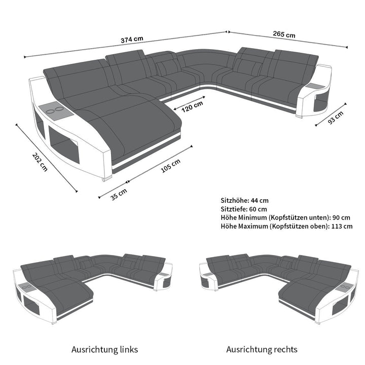 Abmessungen vom Ledersofa Swing als Mini XXL mit LED und USB