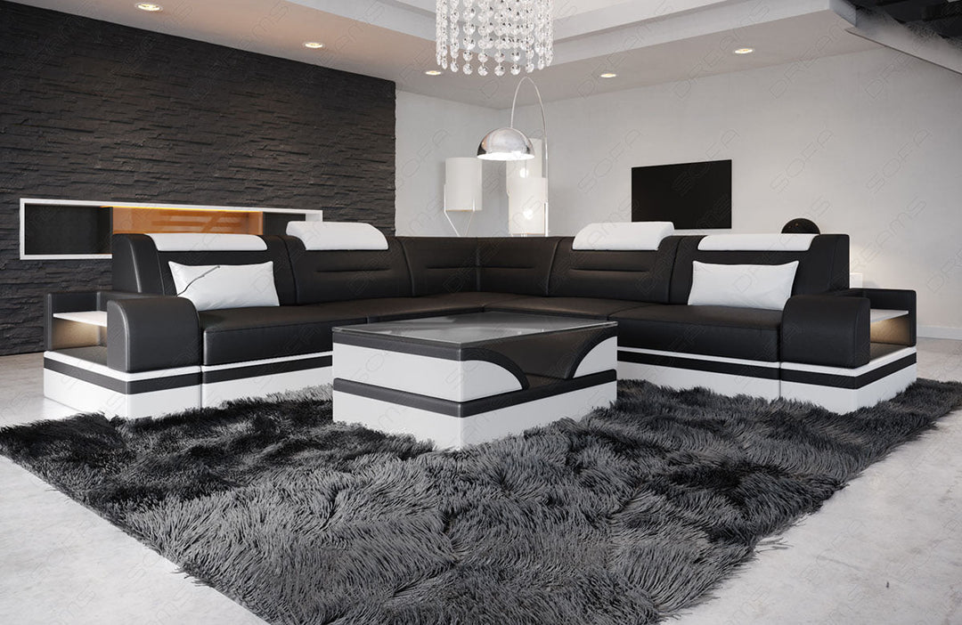 Ledersofa Trivento Mini L Form mit Beleuchtung in schwarz-weiÃŸ