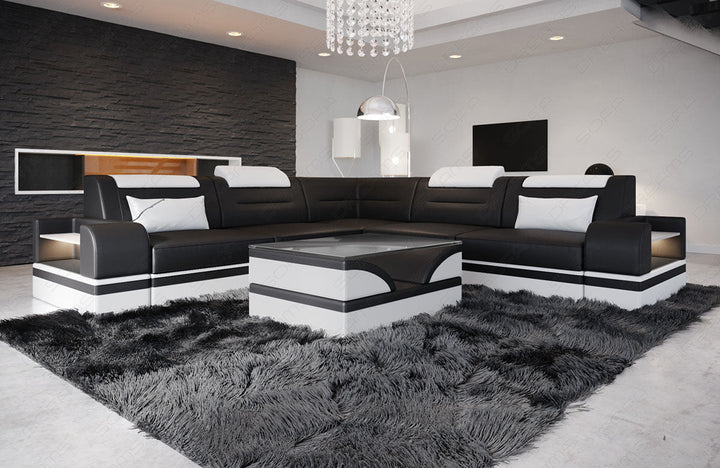 Ledersofa Trivento Mini L Form mit Beleuchtung in schwarz-weiÃŸ