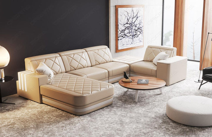 Leder Wohnlandschaft Cesena U Form in sandbeige-weiÃŸ mit weiÃŸer LED Beleuchtung